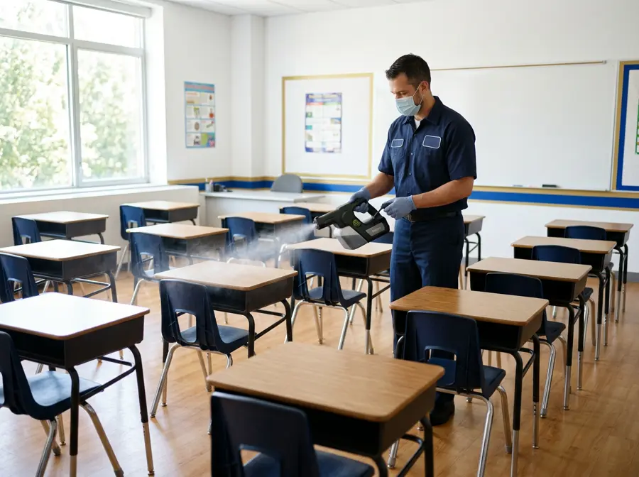 Vantage Space professional disinfecting a classroom with an electrostatic sprayer