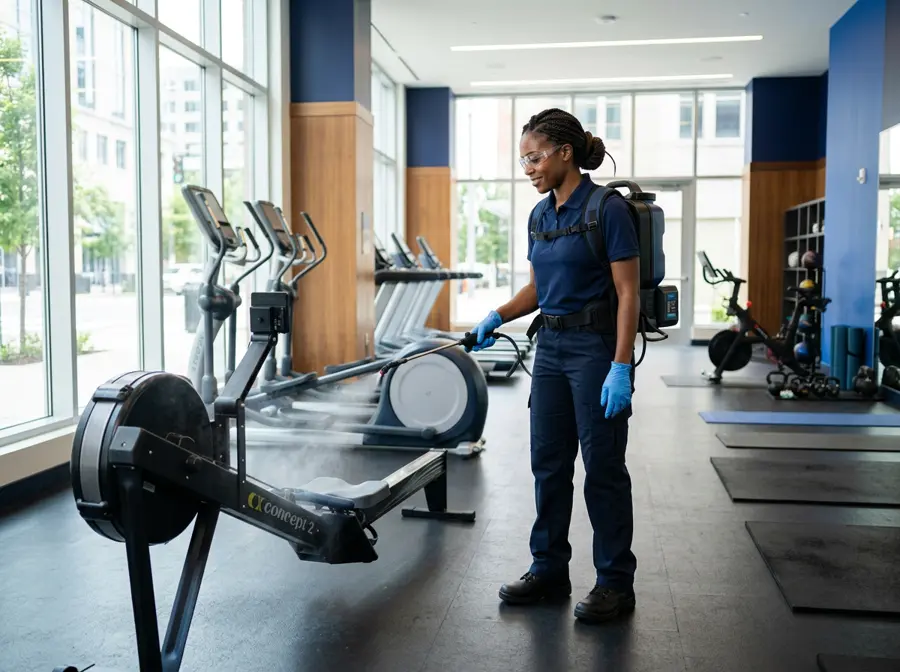 Disinfection technician misting equipment in a fitness center