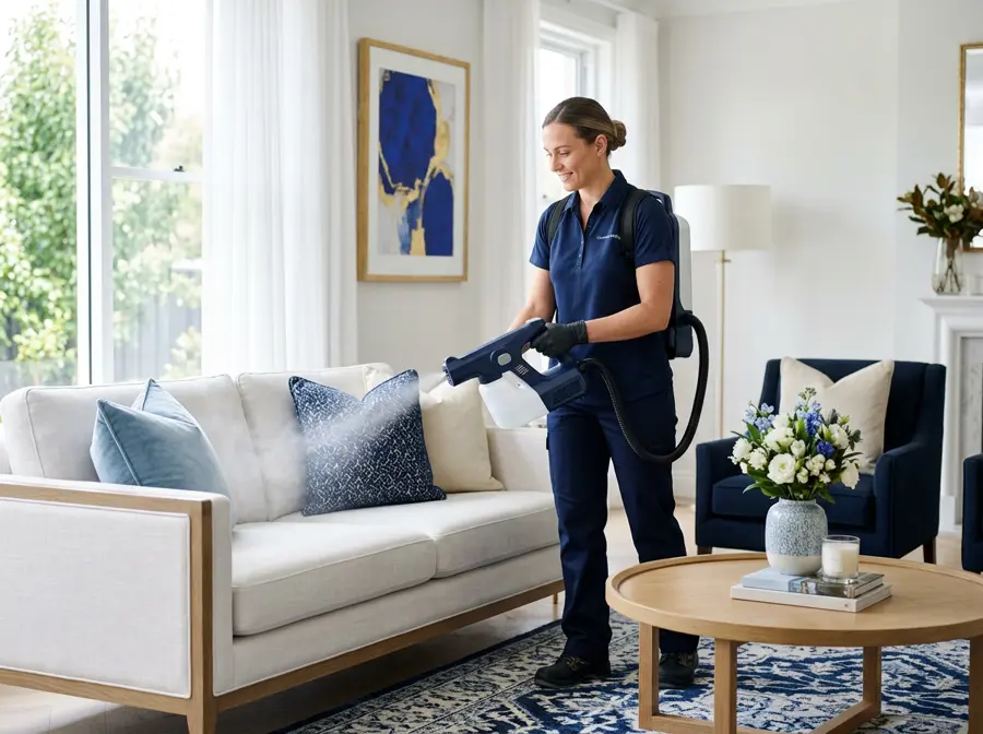 Professional treating a sofa and coffee table in a bright living room