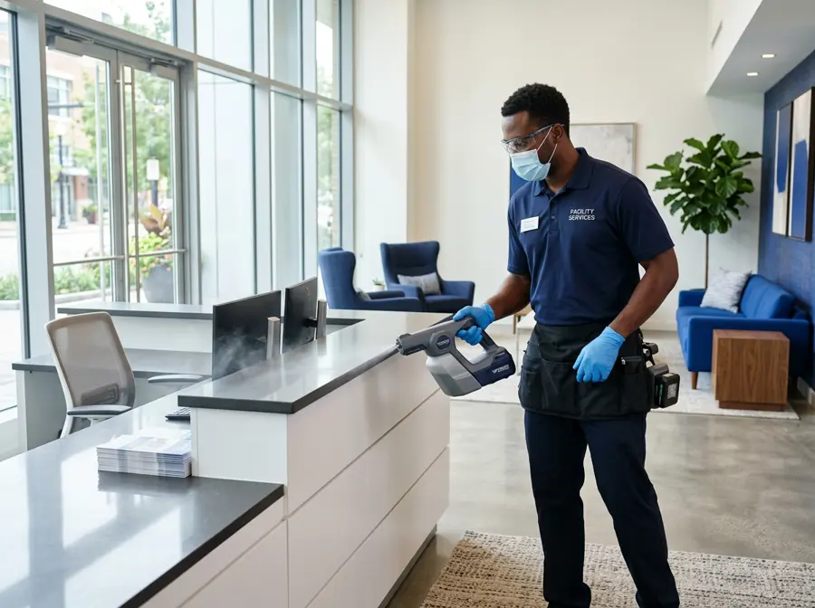 Electrostatic treatment of a reception counter in a commercial lobby