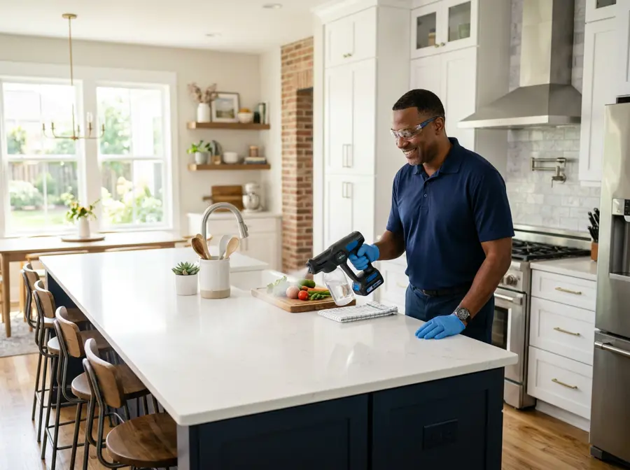 Vantage Space professional using a handheld electrostatic sprayer on a kitchen island